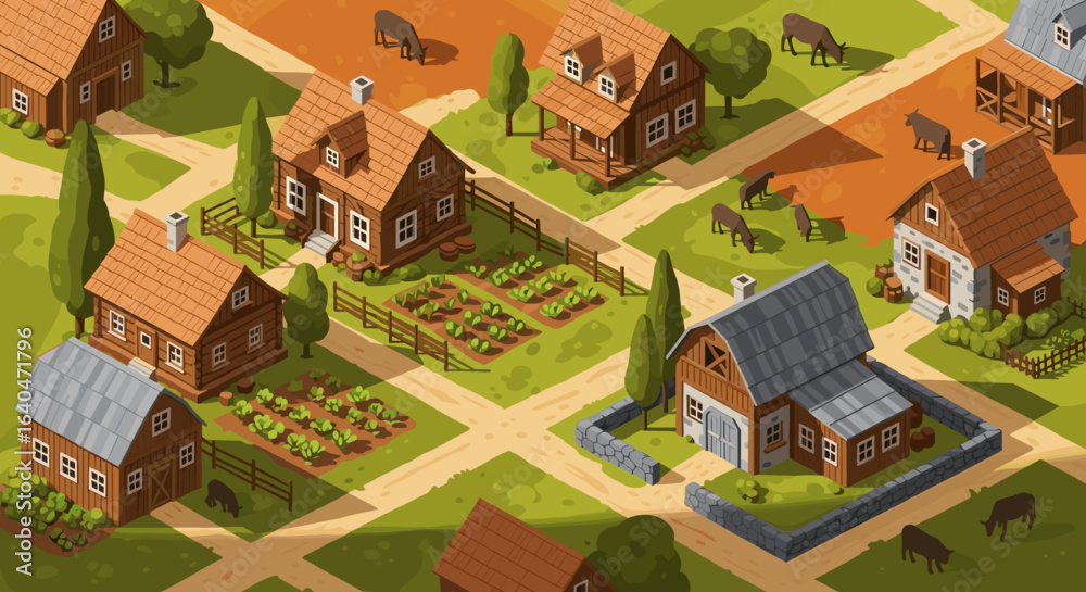 custom made wallpaper toronto digitalCharming isometric farm village illustration with grazing cows and vegetable gardens, a peaceful rural landscape