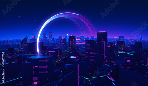 A futuristic city at night with a neon arch in the sky.