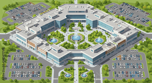 Stunning aerial view of modern shopping mall with fountain and vibrant green landscape design