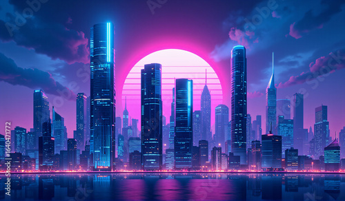 A city skyline at night with a full moon in the background.
