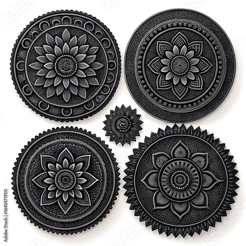Four intricate black and white mandala designs on a white background