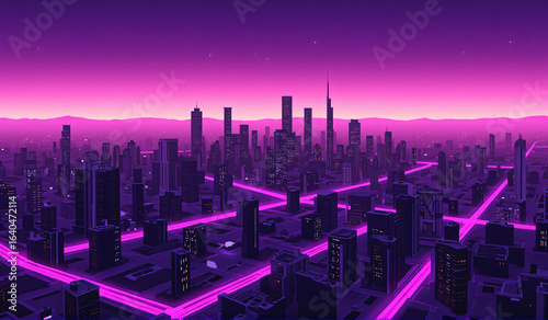 A futuristic city at night with a pink sky.
