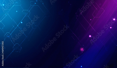 A dark blue and purple background with a pattern of hexagons.