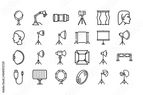 Photography Studio Equipment Vector Icon Set. Lighting, cameras, tripods, softboxes, reflectors, backdrops, and more. Editable stroke. Vector illustration for photographers.