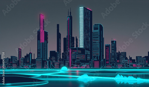 A city skyline at night with a fountain in the foreground.