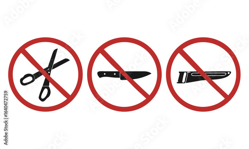 Bundle set of prihibition sign do not bring or use cutter, cutting tool, sharp object, scissors, knife, knives, blade
