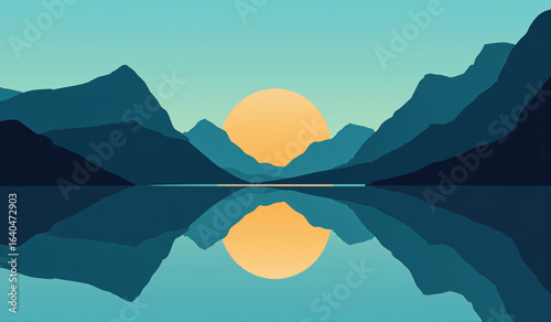 A painting of a sunset over a mountain range.
