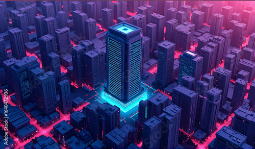 A rendering of a futuristic city at night.