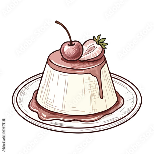Delicious Panna Cotta Dessert with Cherry and Strawberry on a Plate for Menu Design