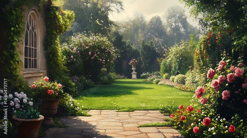 Fototapeta premium Scenic garden pathway and flowers