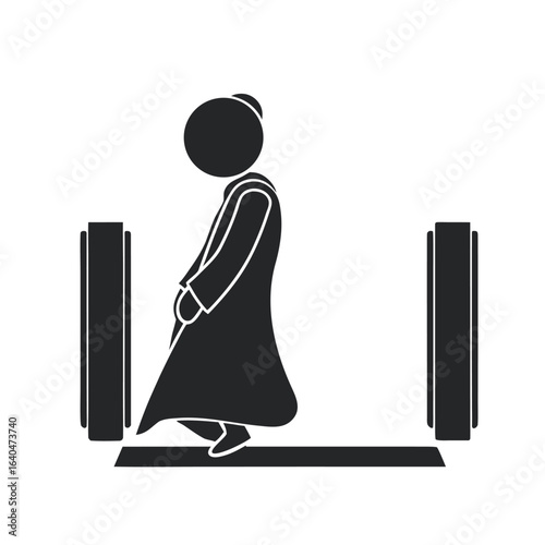 Isolated pictogram sign of loose or long clothing stuck on escalator, for mall, airport, public place safety sign
