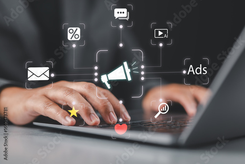 Digital marketing strategy. Announce promotions and campaigns via email and social media. Man using laptop computer to manage targeted advertising.