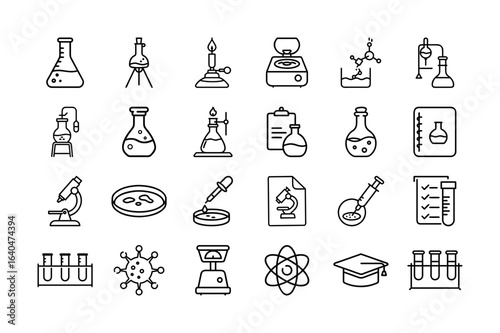 Science Research Vector Icon Set. Lab equipment, test tubes, microscopes, beakers, petri dishes, molecules, viruses, and more. Editable stroke. Vector illustration.