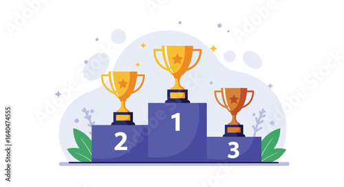 Winners Podium with Trophies Illustration in a Flat Silhouette Style silhouette