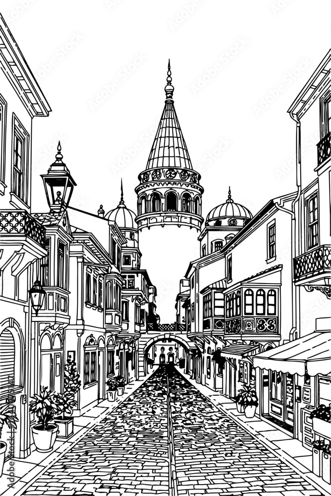 Obraz premium Istanbul, Turkey black and white coloring page for adults. Turkish city, cityscape, buildings, street view,, tower vector outline doodle sketch for anti stress color book