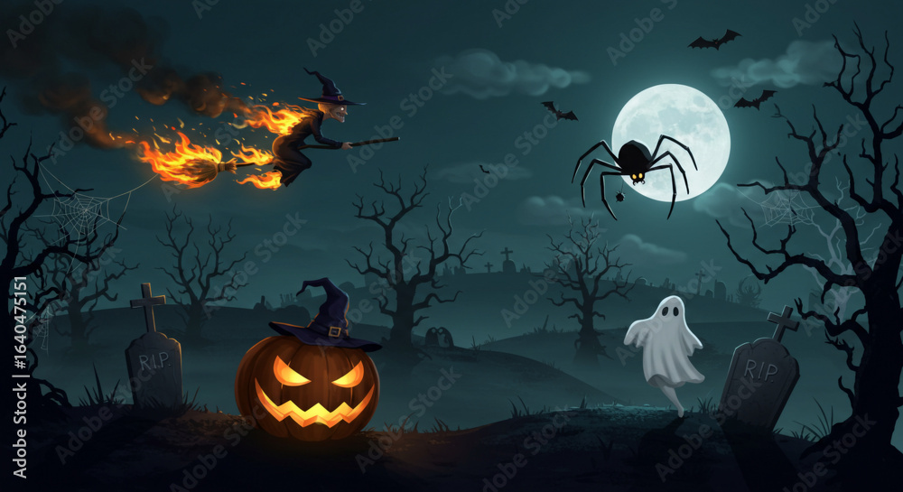 Fototapeta premium A witch flies on a fiery broomstick under the full moon, as a ghost, giant spider, and spooky pumpkin haunt a creepy graveyard filled with bare trees and tombstones.