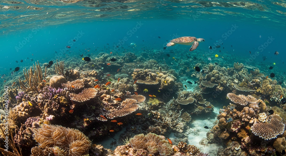 Obraz premium Underwater Coral Reef Scene with Fish and Turtle in Clear Ocean Water