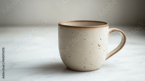 A simple, rustic ceramic mug sits elegantly on a light surface, showcasing its textured finish and natural tones.