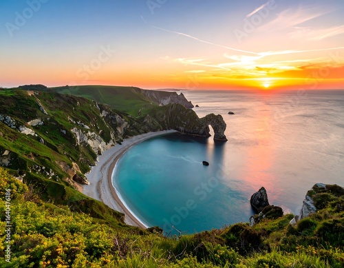 Wallpaper Mural Serene Sunrise over Durdle Door, Dorset Coast, England with Warm Light Torontodigital.ca