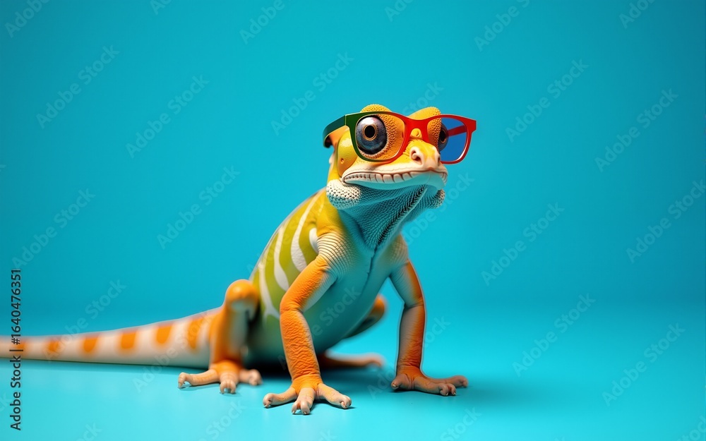 Chameleon lizard on a blue background wearing colored glasses. High quality Chameleon lizard on a blue background wearing colored glasses. High quality
