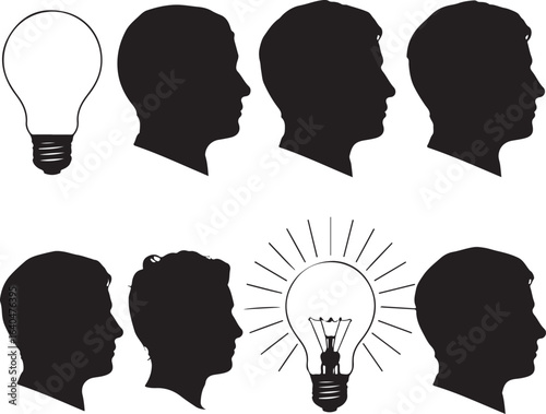 Black silhouettes of heads and lightbulbs profile human