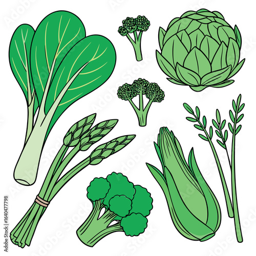 A collection of fresh green vegetables presents an array of broccoli, asparagus, and bok choy