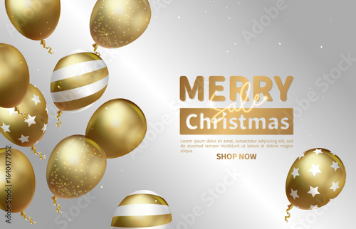 Christmas sale banner with golden balloons and SHOP NOW on white background