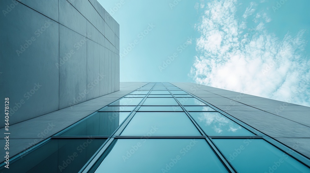 Obraz premium Modern building facade, looking up at glass windows and concrete