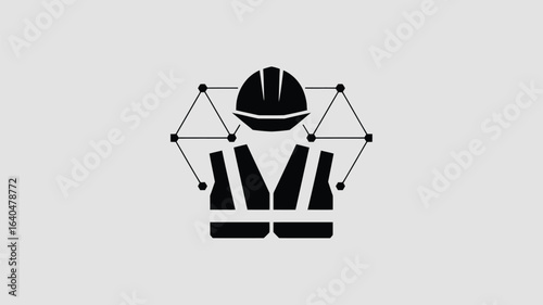 Modern industrial safety icon representing construction worker with protective gear and network connection, perfect for building industry innovation themes