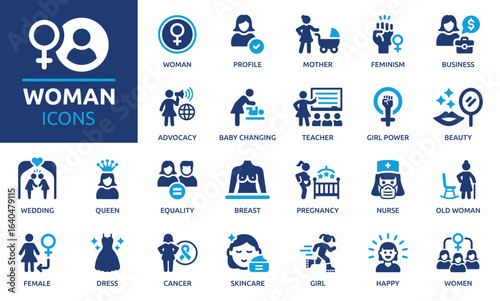 Woman icon set. Containing female, girl, mother, queen, women, beauty, dress, feminism and more. Solid vector icons collection.