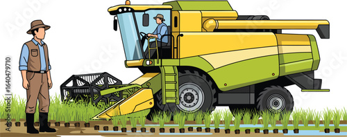 Farmer operating a combine harvester in a rice paddy field.