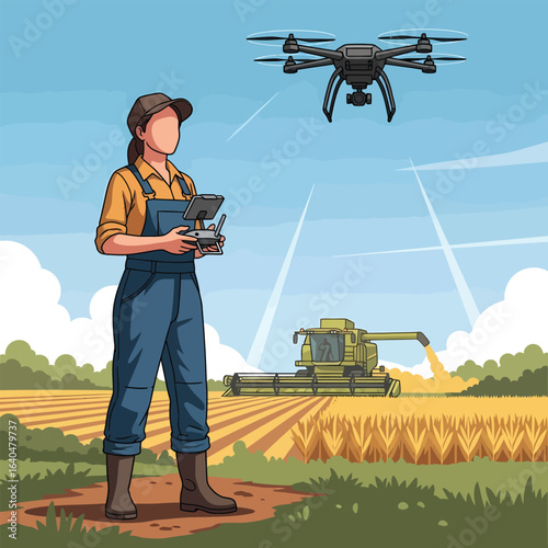 Farmer operating drone over wheat field with combine harvester.