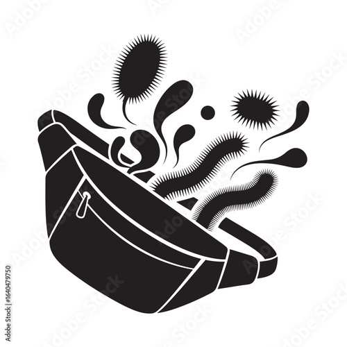 Fanny pack spilling out bacteria and germs, symbolizing contamination and health risks