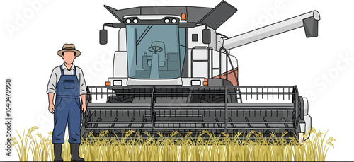 Farmer Standing Next to a Combine Harvester in a Wheat Field.