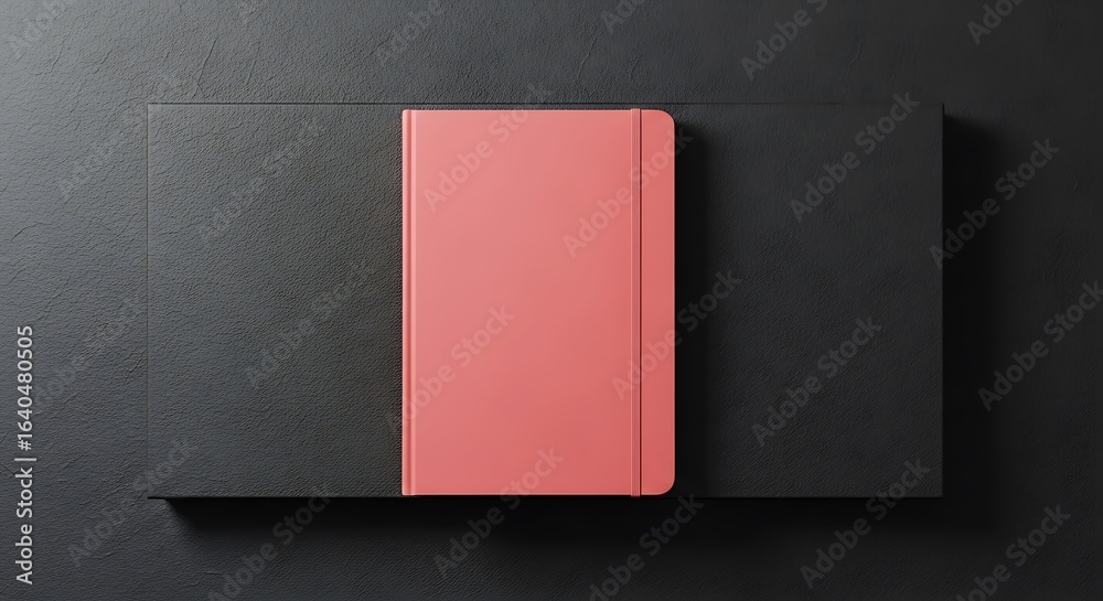 Fototapeta premium A coral pink journal in a dark gift box, a stylish tool to whisk together creative ideas.