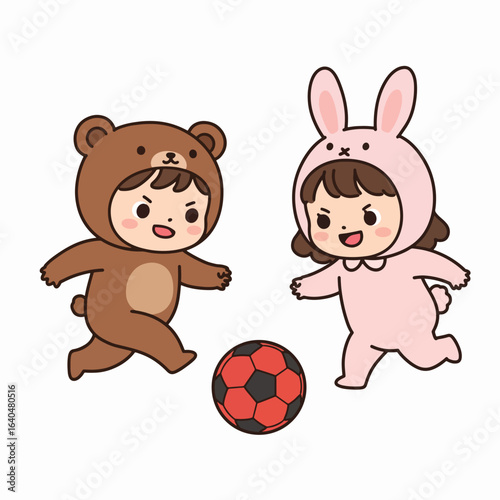 Cute cartoon children in bear and bunny costumes playing a game of soccer together.