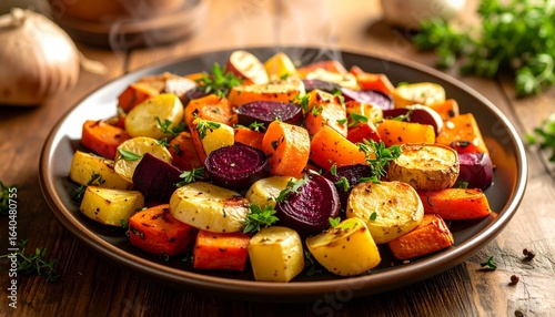 A delicious medley of steaming roasted root vegetables, including carrots, potatoes, and beets, garnished with fresh herbs on a rustic wooden table.
