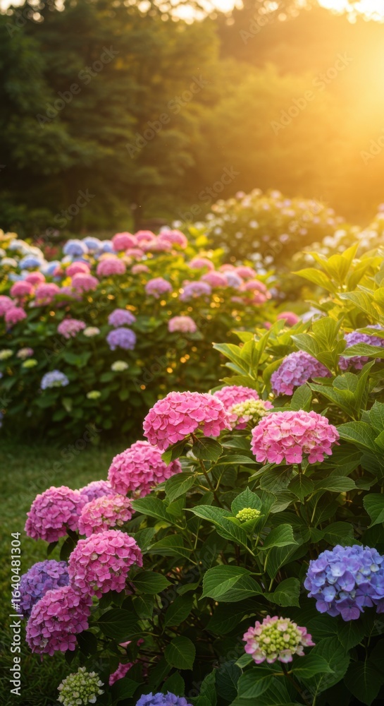 Obraz premium Colorful hydrangea garden at golden hour