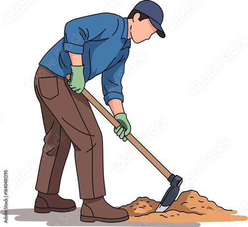 Person digging in soil with a hoe wearing a cap and gloves.