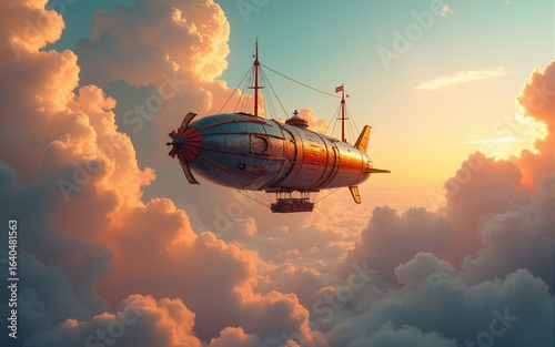 Steampunk airship gliding through vibrant clouds during a sunny day in a fantastical sky. High quality