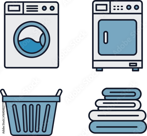 Laundry appliances and basket, showing a washing machine, dryer, laundry basket, and stacked clothes.