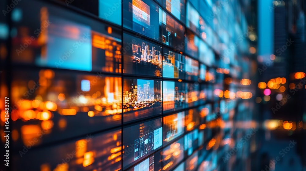 Obraz premium Wall of screens showing various images and videos