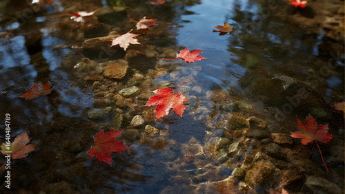 The red leaves falling into the lake