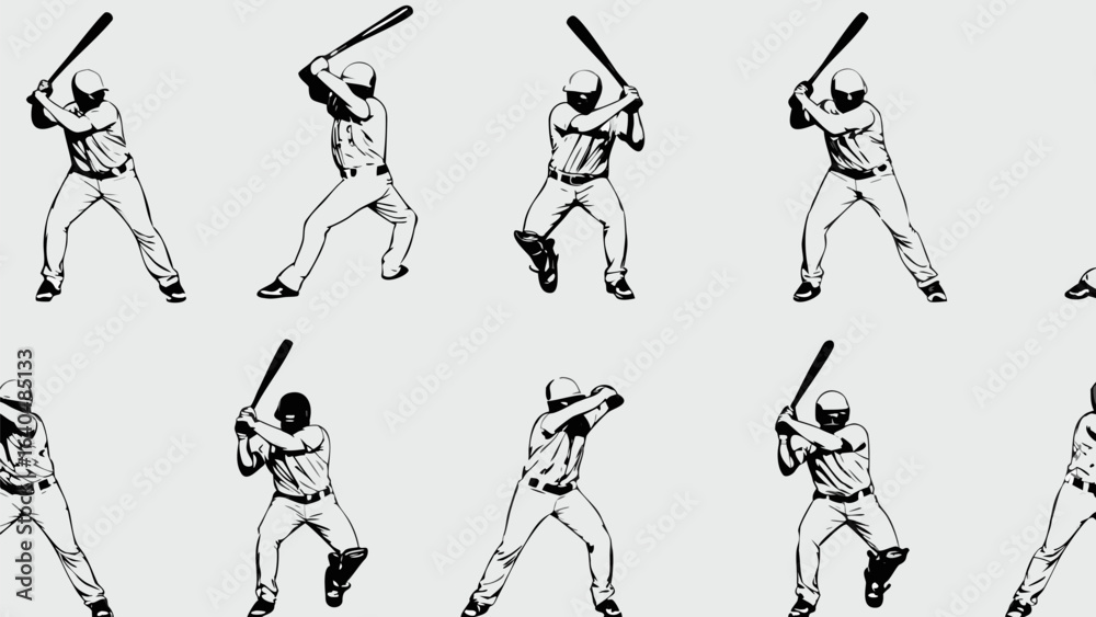 Fototapeta premium Repetitive pattern featuring baseball players in various batting stances on a light background art work silhouette