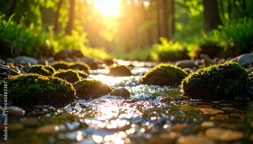Fototapeta premium Golden sunlight filters through a lush forest, illuminating a tranquil stream flowing over mossy rocks.