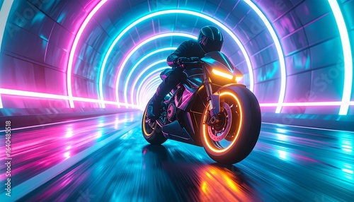 Fototapeta Naklejka Na Ścianę i Meble -  Futuristic motorcycle racer in a vibrant neon tunnel