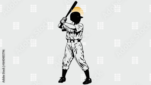 Baseball player in uniform holding bat ready to swing with sun behind and window pattern background silhouette