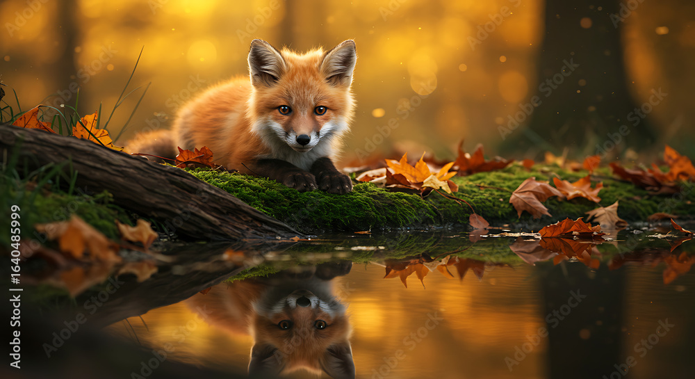 Naklejka premium Curious fox perched on mossy log beside reflecting water
