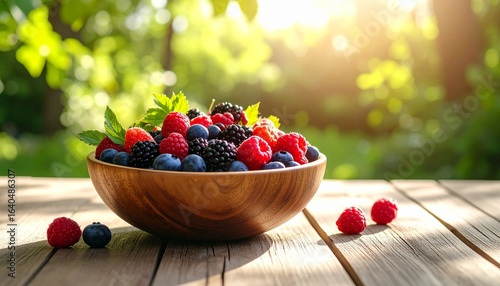 A wooden bowl of fresh mixed berries sits on a rustic table in a sunlit garden.
