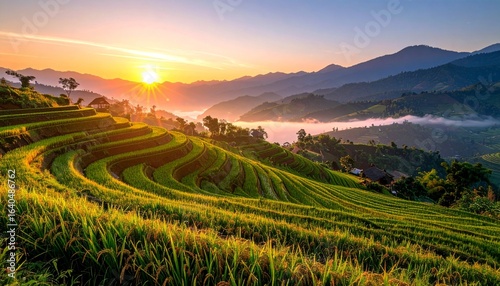 Wallpaper Mural A golden sunrise illuminates lush green rice terraces cascading down a hillside in a misty mountain valley. Torontodigital.ca